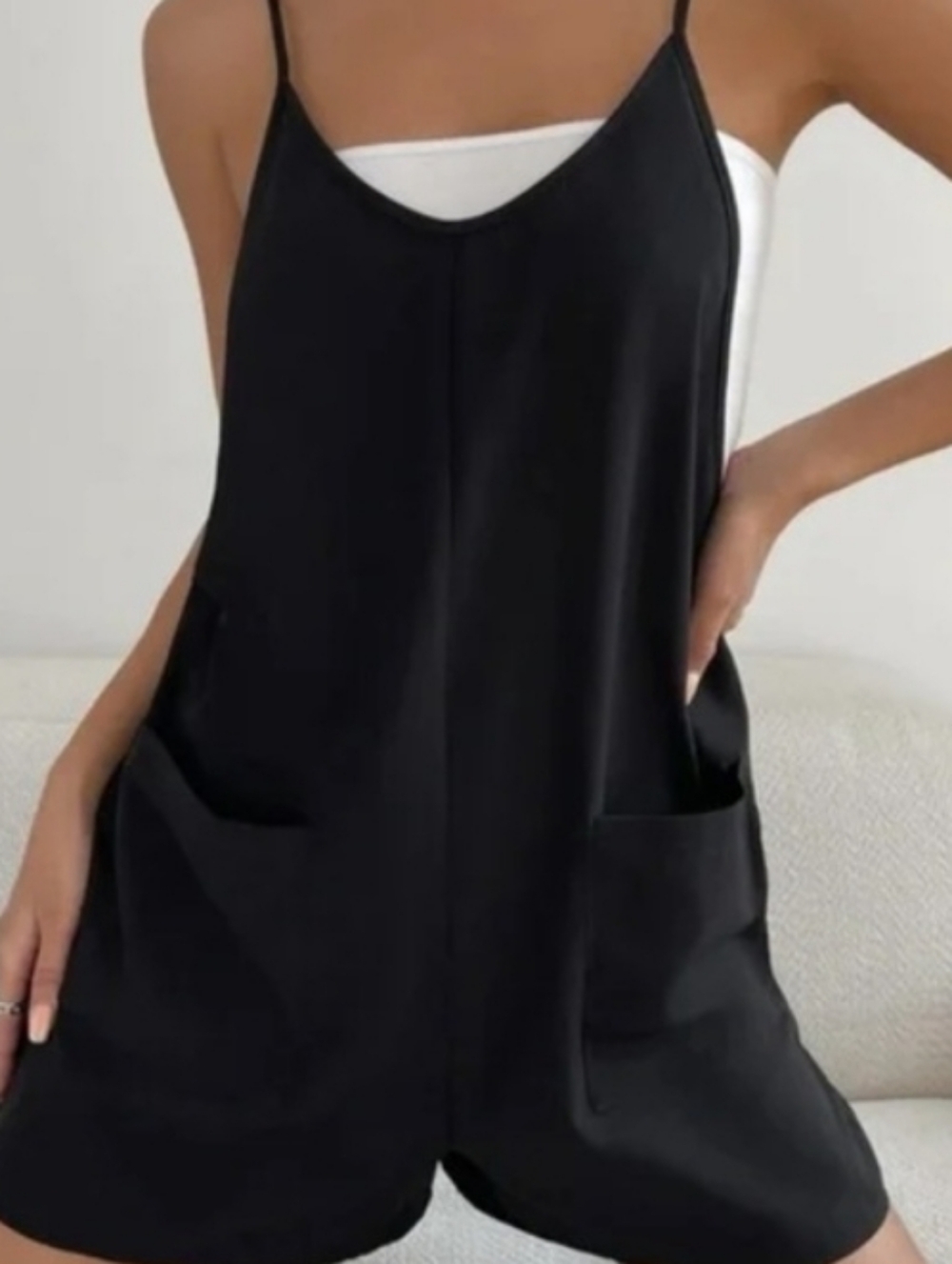 Black Spaghetti Strap Romper with Pockets Shein - Picture 1 of 4